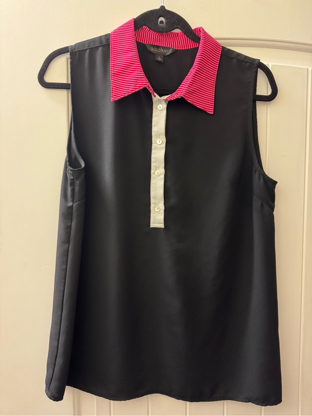 Sleeveless Black Top with Red Striped Collar